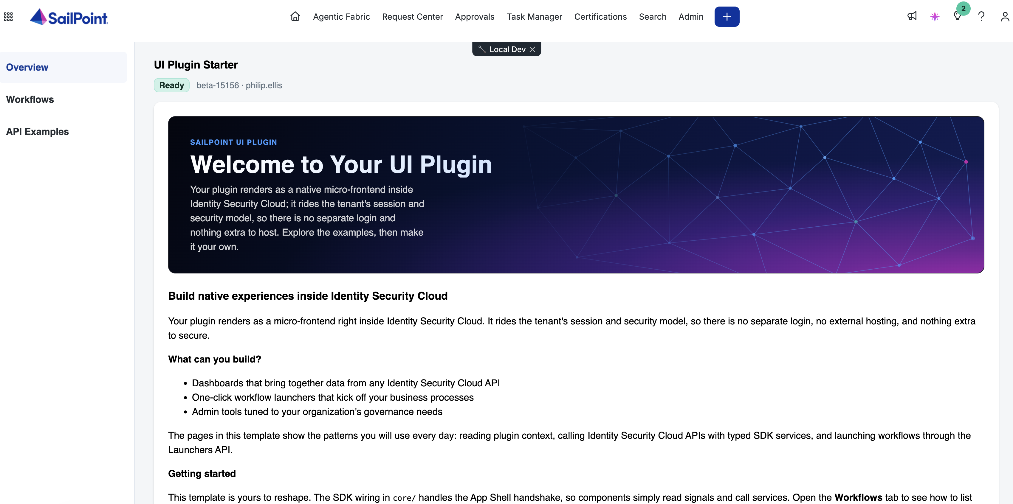 The starter plugin loaded inside SailPoint Identity Security with the Local Dev badge